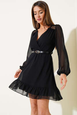 Omuz Dantel Detaylı Şifon Mini Elbise Siyah - Thumbnail