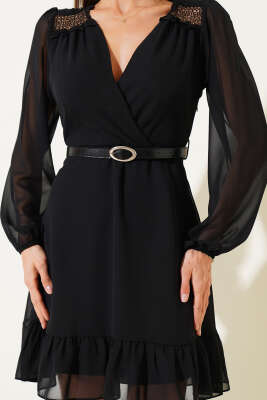 Omuz Dantel Detaylı Şifon Mini Elbise Siyah - Thumbnail