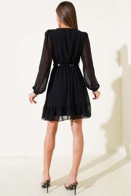 Omuz Dantel Detaylı Şifon Mini Elbise Siyah - Thumbnail