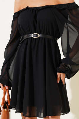 Lastikli Yaka Kemerli Şifon Mini Elbise Siyah - Thumbnail