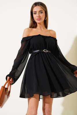 Lastikli Yaka Kemerli Şifon Mini Elbise Siyah - Thumbnail