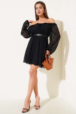 Lastikli Yaka Kemerli Şifon Mini Elbise Siyah - Thumbnail