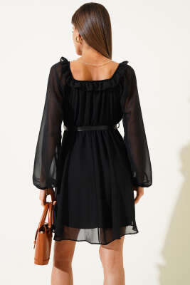 Lastikli Yaka Kemerli Şifon Mini Elbise Siyah - Thumbnail