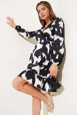 Pazarium - Yan Bağcıklı Desen Saten Mini Elbise Bej