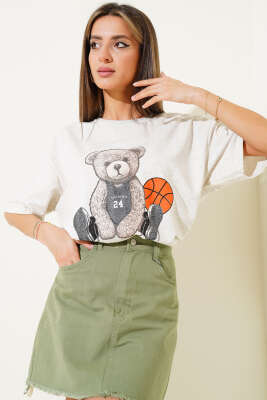 Ayıcıklı Basket Top Baskılı T-shirt Melanj Gri - Thumbnail