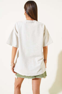 Ayıcıklı Basket Top Baskılı T-shirt Melanj Gri - Thumbnail