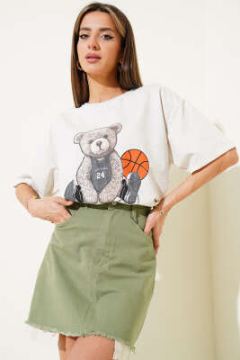 Ayıcıklı Basket Top Baskılı T-shirt Melanj Gri - Thumbnail