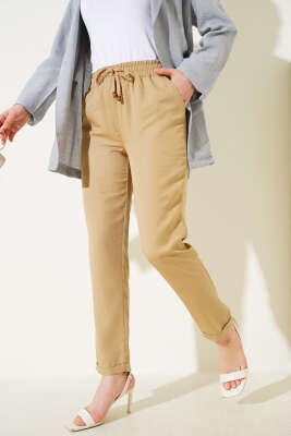 Pazarium - Duble Dar Paça Bel Lastikli Pantolon Camel