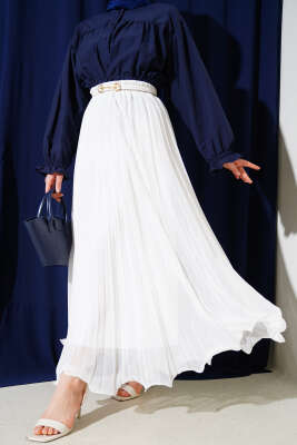 Bel Lastikli Fırfırlı Şifon Etek Beyaz - Thumbnail