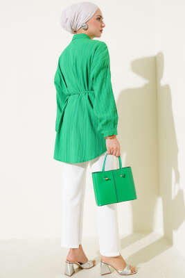 İp Kuşaklı Ağaç Kabuğu Gömlek Yeşil - Thumbnail