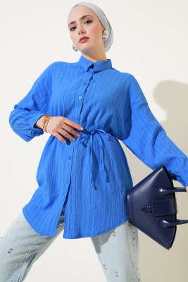 Pazarium - İp Kuşaklı Ağaç Kabuğu Gömlek Mavi