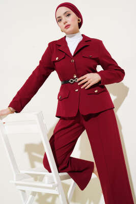Pazarium - Cep Kapaklı Kemerli Ceketli İkili Takım Bordo