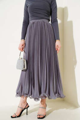 Pazarium - Simli Fırfırlı Tül Etek Gri