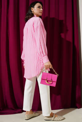 Manşet Bağcıklı Kabartma Çizgili Gömlek Pembe - Thumbnail