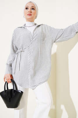 Cepli Çizgili Yandan İp Bağlamalı Kimono Siyah - Thumbnail