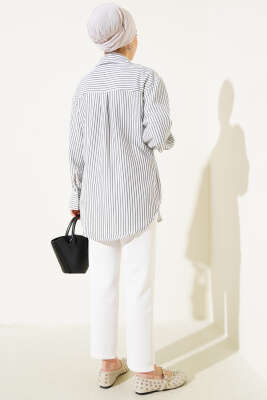 Cepli Çizgili Yandan İp Bağlamalı Kimono Siyah - Thumbnail