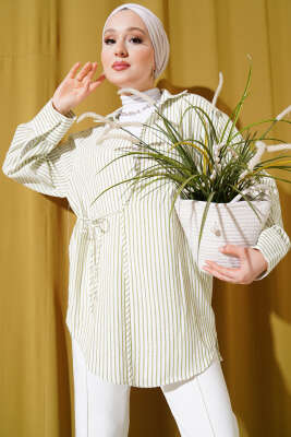 Cepli Çizgili Yandan İp Bağlamalı Kimono Haki - Thumbnail