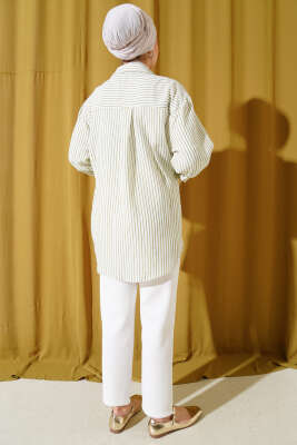 Cepli Çizgili Yandan İp Bağlamalı Kimono Haki - Thumbnail