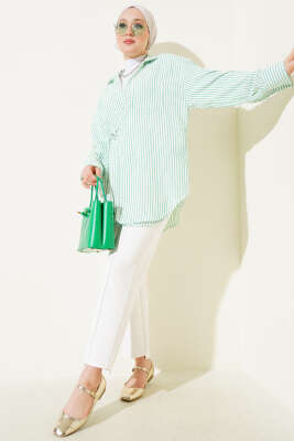 Cepli Çizgili Yandan İp Bağlamalı Kimono Yeşil - Thumbnail