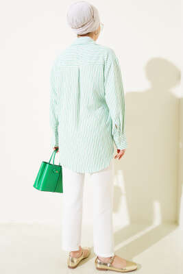 Cepli Çizgili Yandan İp Bağlamalı Kimono Yeşil - Thumbnail