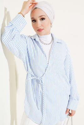 Cepli Çizgili Yandan İp Bağlamalı Kimono İndigo - Thumbnail