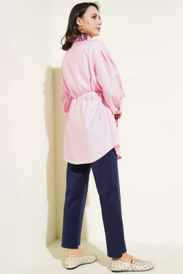 Gizli Düğmeli Balon Kol İp Kuşaklı Gömlek Pembe - Thumbnail