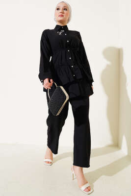 Pazarium - Eteği Fırfırlı İp Kuşaklı İkili Takım Siyah