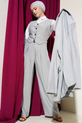 Pazarium - Omuz Vatkalı Ceketli Yelekli Üçlü Takım Gri