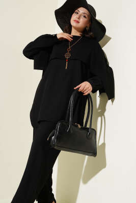 Omuz Pelerinli Tunik İkili Takım Siyah - Thumbnail