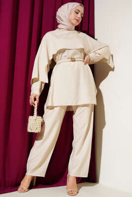 Omuz Pelerinli Tunik İkili Takım Bej - Thumbnail