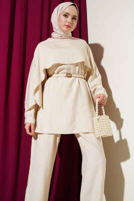 Omuz Pelerinli Tunik İkili Takım Bej - Thumbnail