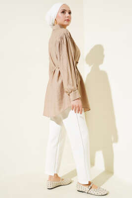 Gizli Düğmeli Balon Kol İp Kuşaklı Gömlek Latte - Thumbnail