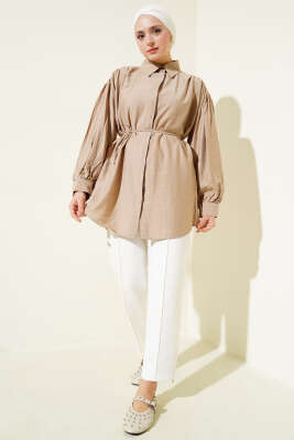 Gizli Düğmeli Balon Kol İp Kuşaklı Gömlek Latte - Thumbnail