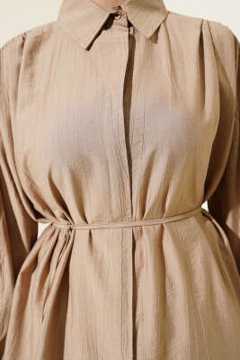 Gizli Düğmeli Balon Kol İp Kuşaklı Gömlek Latte - Thumbnail