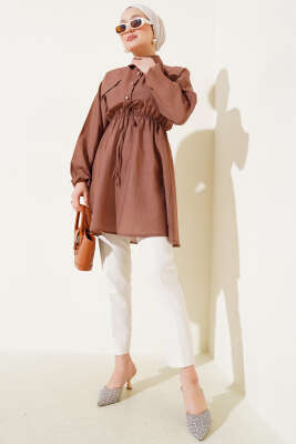 Bel Lastikli Yarım Taş Düğmeli Tunik Kahve - Thumbnail