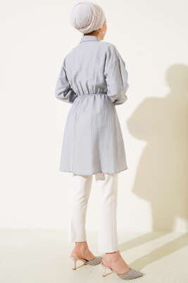 Bel Lastikli Yarım Taş Düğmeli Tunik Gri - Thumbnail