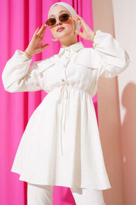 Bel Lastikli Yarım Taş Düğmeli Tunik Ekru - Thumbnail