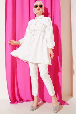 Bel Lastikli Yarım Taş Düğmeli Tunik Ekru - Thumbnail