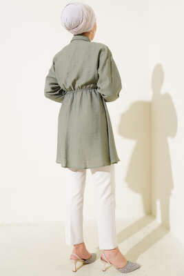 Bel Lastikli Yarım Taş Düğmeli Tunik Çağla Yeşili - Thumbnail
