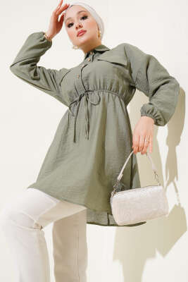 Bel Lastikli Yarım Taş Düğmeli Tunik Çağla Yeşili - Thumbnail