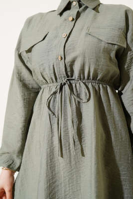 Bel Lastikli Yarım Taş Düğmeli Tunik Çağla Yeşili - Thumbnail