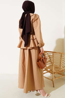 Denizci Yaka Bağlamalı Etekli İkili Takım Latte - Thumbnail