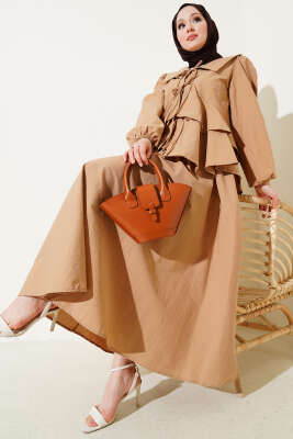 Denizci Yaka Bağlamalı Etekli İkili Takım Latte - Thumbnail