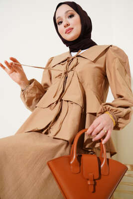 Denizci Yaka Bağlamalı Etekli İkili Takım Latte - Thumbnail