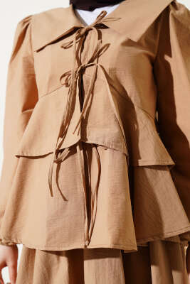 Denizci Yaka Bağlamalı Etekli İkili Takım Latte - Thumbnail