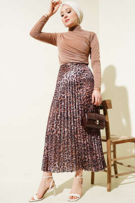 Karışık Desenli Piliseli Etek Taba - Thumbnail