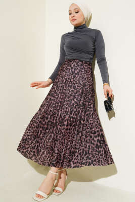 Karışık Desenli Piliseli Etek Kayrak Grisi - Thumbnail