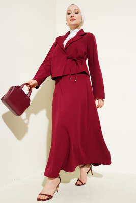 Pazarium - Yandan Bağlamalı Kruvaze Yaka Ceket Takım Bordo