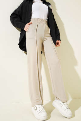 Pazarium - Geniş Bel Lastikli Çımalı Pantolon Bej