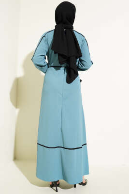 Biye Detaylı Çiçek Aksesuarlı Elbise Mavi - Thumbnail